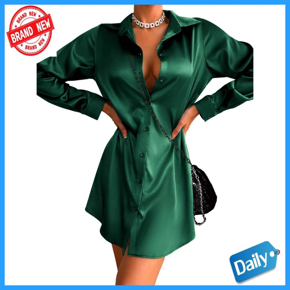 Long Sleeve Satin Shirt Dress with Belt, V-Neck, Button Front, Casual Mini